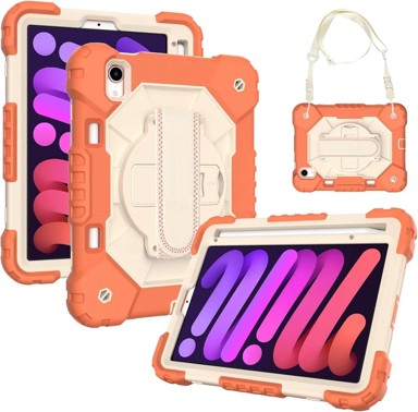 NIKCORP Robusna zaštitna maska za iPad Mini 6 8.3" s rotirajućim stalkom držačem za ruku i naramenicom, narančasta